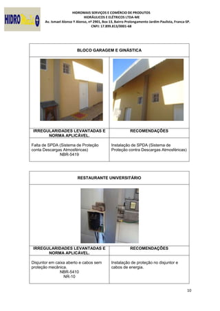 HIDROMAIS SERVIÇOS E COMÉRCIO DE PRODUTOS
HIDRÁULICOS E ELÉTRICOS LTDA-ME
Av. Ismael Alonso Y Alonso, nº 2901, Box 13, Bairro Prolongamento Jardim Paulista, Franca-SP.
CNPJ: 17.899.813/0001-68
10
BLOCO GARAGEM E GINÁSTICA
IRREGULARIDADES LEVANTADAS E
NORMA APLICÁVEL.
RECOMENDAÇÕES
Falta de SPDA (Sistema de Proteção
conta Descargas Atmosféricas)
NBR-5419
Instalação de SPDA (Sistema de
Proteção contra Descargas Atmosféricas)
RESTAURANTE UNIVERSITÁRIO
IRREGULARIDADES LEVANTADAS E
NORMA APLICÁVEL.
RECOMENDAÇÕES
Disjuntor em caixa aberto e cabos sem
proteção mecânica.
NBR-5410
NR-10
Instalação de proteção no disjuntor e
cabos de energia.
 