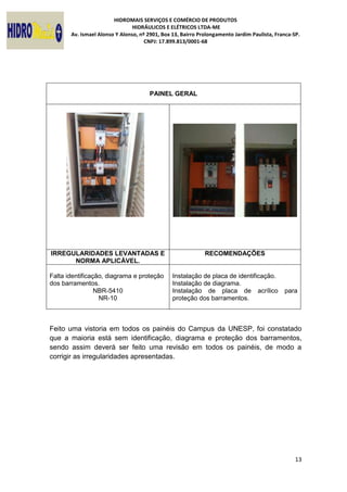 HIDROMAIS SERVIÇOS E COMÉRCIO DE PRODUTOS
HIDRÁULICOS E ELÉTRICOS LTDA-ME
Av. Ismael Alonso Y Alonso, nº 2901, Box 13, Bairro Prolongamento Jardim Paulista, Franca-SP.
CNPJ: 17.899.813/0001-68
13
PAINEL GERAL
IRREGULARIDADES LEVANTADAS E
NORMA APLICÁVEL.
RECOMENDAÇÕES
Falta identificação, diagrama e proteção
dos barramentos.
NBR-5410
NR-10
Instalação de placa de identificação.
Instalação de diagrama.
Instalação de placa de acrílico para
proteção dos barramentos.
Feito uma vistoria em todos os painéis do Campus da UNESP, foi constatado
que a maioria está sem identificação, diagrama e proteção dos barramentos,
sendo assim deverá ser feito uma revisão em todos os painéis, de modo a
corrigir as irregularidades apresentadas.
 