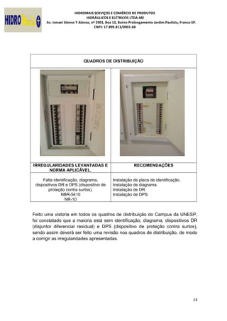 HIDROMAIS SERVIÇOS E COMÉRCIO DE PRODUTOS
HIDRÁULICOS E ELÉTRICOS LTDA-ME
Av. Ismael Alonso Y Alonso, nº 2901, Box 13, Bairro Prolongamento Jardim Paulista, Franca-SP.
CNPJ: 17.899.813/0001-68
14
QUADROS DE DISTRIBUIÇÃO
IRREGULARIDADES LEVANTADAS E
NORMA APLICÁVEL.
RECOMENDAÇÕES
Falta identificação, diagrama,
dispositivos DR e DPS (dispositivo de
proteção contra surtos).
NBR-5410
NR-10
Instalação de placa de identificação.
Instalação de diagrama.
Instalação de DR.
Instalação de DPS.
Feito uma vistoria em todos os quadros de distribuição do Campus da UNESP,
foi constatado que a maioria está sem identificação, diagrama, dispositivos DR
(disjuntor diferencial residual) e DPS (dispositivo de proteção contra surtos),
sendo assim deverá ser feito uma revisão nos quadros de distribuição, de modo
a corrigir as irregularidades apresentadas.
 