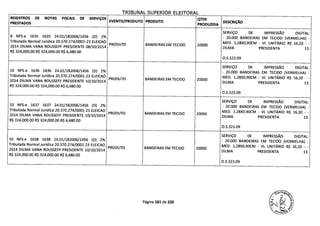 TRTRIINAI SIIPFRTflP FI PTTCRAI
REGISTROS DE NOTAS FISCAIS DE SERVIÇOS
EVENTO/PRODUTO PRODUTO
QTDE
DESCRIÇÃOPRESTADOS PRODUZIDA
SERVIÇO DE IMPRESSÃO DIGITAL:
8 NFS-e 1635 1635 24.01/182006/1456 (D) 2% - 20.000 BANDEIRAS EM TECIDO (VERMELHA) -
Tributada Normal Jurídica 20.570.274/0001-23 ELEICAO
PRODUTO BANDEIRAS EM TECIDO 20000 -MED. 1,28X0,9OCM - VL UNITÁRIO R$ 16,20 -
2014 DILMA VANA ROUSSEFF PRESIDENTE 08/10/2014 DILMA PRESIDENTA 13.
R$ 324,000.00 R$ 324,000.00 R$ 6,480.00
0.5.323.09
SERVIÇO DE IMPRESSÃO DIGITAL:
10 NFS-e 1636 1636 24.01/182006/1456 (0) 2% - 20.000 BANDEIRAS EM TECIDO (VERMELHA) -
Tributada Normal Jurídica 20.570.274/0001-23 ELEICAO
PRODUTO BANDEIRAS EM TECIDO 20000 -MED. 1,28X0,9OCM - VL UNITÁRIO R$ 16,20 -
2014 DILMA VANA ROUSSEFF PRESIDENTE 10/10/2014 DILMA PRESIDENTA 13.
R$ 324,000.00 R$ 324,000.00 R$ 6,480.00
0.5.323.09
SERVIÇO DE IMPRESSÃO DIGITAL:
10 NFS-e 1637 1637 24.01/182006/1456 (D) 2% - 20.000 BANDEIRAS EM TECIDO (VERMELHA) -
Tributada Normal Jurídica 20.570.274/0001-23 ELEICAO
PRODUTO BANDEIRAS EM TECIDO 20000 -MED. 1,28X0,9OCM - VL UNITÁRIO R$ 16,20 -
2014 DILMA VANA ROUSSEFF PRESIDENTE 10/10/2014 DILMA PRESIDENTA 13.
R$ 324,000.00 R$ 324,000.00 R$ 6,480.00
O.S.323.09
SERVIÇO DE IMPRESSÃO DIGITAL:
10 NFS-e 1638 1638 24.01/182006/1456 (D) 2% - 20.000 BANDEIRAS EM TECIDO (VERMELHA) -
Tributada Normal Jurídica 20.570.274/0001-23 ELEICAO
PRODUTO BANDEIRAS EM TECIDO 20000 -MED. 1,28X0,9OCM - VL UNITÁRIO R$ 16,20 -
2014 DILMA VANA ROUSSEFF PRESIDENTE 10/10/2014 DILMA PRESIDENTA 13.
R$ 324,000.00 R$ 324,000.00 R$ 6,480.00
O.S.323.09
Página 161 de 220
 