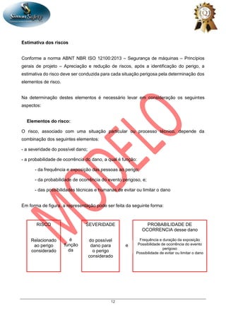 12
Estimativa dos riscos
Conforme a norma ABNT NBR ISO 12100:2013 – Segurança de máquinas – Princípios
gerais de projeto – Apreciação e redução de riscos, após a identificação do perigo, a
estimativa do risco deve ser conduzida para cada situação perigosa pela determinação dos
elementos de risco.
Na determinação destes elementos é necessário levar em consideração os seguintes
aspectos:
Elementos do risco:
O risco, associado com uma situação particular ou processo técnico, depende da
combinação dos seguintes elementos:
- a severidade do possível dano;
- a probabilidade de ocorrência do dano, a qual é função:
- da frequência e exposição das pessoas ao perigo;
- da probabilidade de ocorrência do evento perigoso, e;
- das possibilidades técnicas e humanas de evitar ou limitar o dano
Em forma de figura, a representação pode ser feita da seguinte forma:
é
função
da
RISCO
Relacionado
ao perigo
considerado
SEVERIDADE
do possível
dano para
o perigo
considerado
PROBABILIDADE DE
OCORRENCIA desse dano
Frequência e duração da exposição
Possibilidade de ocorrência do evento
perigoso
Possibilidade de evitar ou limitar o dano
e
 