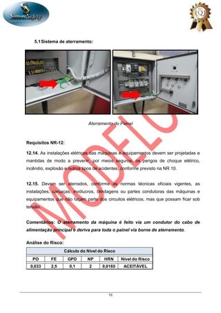 16
5.1Sistema de aterramento:
Aterramento do Painel
Requisitos NR-12:
12.14. As instalações elétricas das máquinas e equipamentos devem ser projetadas e
mantidas de modo a prevenir, por meios seguros, os perigos de choque elétrico,
incêndio, explosão e outros tipos de acidentes, conforme previsto na NR 10.
12.15. Devem ser aterrados, conforme as normas técnicas oficiais vigentes, as
instalações, carcaças, invólucros, blindagens ou partes condutoras das máquinas e
equipamentos que não façam parte dos circuitos elétricos, mas que possam ficar sob
tensão.
Comentários: O aterramento da máquina é feito via um condutor do cabo de
alimentação principal e deriva para toda o painel via borne de aterramento.
Análise do Risco:
PO FE GPD NP HRN Nível do Risco
0,033 2,5 0,1 2 0,0165 ACEITÁVEL
Cálculo do Nível do Risco
 