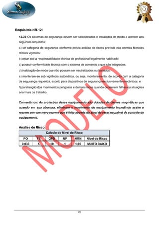 26
Requisitos NR-12:
12.39 Os sistemas de segurança devem ser selecionados e instalados de modo a atender aos
seguintes requisitos:
a) ter categoria de segurança conforme prévia análise de riscos prevista nas normas técnicas
oficiais vigentes;
b) estar sob a responsabilidade técnica de profissional legalmente habilitado;
c) possuir conformidade técnica com o sistema de comando a que são integrados;
d) instalação de modo que não possam ser neutralizados ou burlados;
e) manterem-se sob vigilância automática, ou seja, monitoramento, de acordo com a categoria
de segurança requerida, exceto para dispositivos de segurança exclusivamente mecânicos; e
f) paralisação dos movimentos perigosos e demais riscos quando ocorrerem falhas ou situações
anormais de trabalho.
Comentários: As proteções desse equipamento são dotadas de chaves magnéticas que
quando em sua abertura, eliminam o movimento do equipamento impedindo assim o
rearme sem um novo rearme que é feito através do sinal de reset no painel de controle do
equipamento.
Análise de Risco:
PO FE GPD NP HRN Nível do Risco
0,033 5 10 1 1,65 MUITO BAIXO
Cálculo do Nível do Risco
 