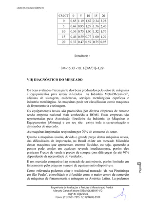 LAUDO DE AVALIAÇÃO COMPLETO

Resultado :

CM=15, CT=10, F(CM/CT)=1,29
VII) DIAGNÓSTICO DO MERCADO
Os bens avaliados fazem parte dos bens produzidos pelo setor de máquinas
e equipamentos para serem utilizados na Indústria Metal/Mecânica”,
oficinas de usinagem, calderarias, serviços metalúrgicos espeficos e
industria metalúrgica. As maquinas pode ser classificadas como maquinas
de ferramentaria e usinagem.
Os equipamentos novos são produzidos por diversa empresas de renome
sendo empresa nacional mais conhecida a ROMI. Estas empresas são
representadas pela Associação Brasileira da Indústria de Máquinas e
Equipamentos (Abimaq) e em seu site existe toda a caracterização e
dimensões do mercado.
As maquinas importadas respondem por 70% do consumo do setor.

Como referencia podemos citar o tradicional mercado “da rua Piratininga
em São Paulo”, consolidado e difundido como o maior centro de comercio
de máquinas de ferramentaria e usinagem na América Latina. La podemos
Engenharia de Avaliações e Perícias e Manutenção Predial
Marcelo Gandra Falcone CREA 5062650474/D
Engº de Segurança
Fones: (11) 3501-7315 / (11) 99406-7189

Página

É um mercado comparável ao mercado de automóveis, porém limitado em
faturamento pelo pequeno numero de equipamentos disponíveis.

8

Quanto a maquinas usadas, devido o grande preço destas máquinas novas,
das dificuldades de importação, no Brasil existe um mercado bilionário
destas maquinas que apresentam enorme liquidez, ou seja, querendo a
pessoa pode vender em qualquer revenda imediatamente, porém eles
praticam Preços de venda e preços de compra com diferenças de até 40%
dependendo da necessidade do vendedor,

 