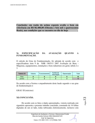 LAUDO DE AVALIAÇÃO COMPLETO

Conclusão: em razão do acima exposto avalio o bem em
referência em R$ 86.400,00 (Oitenta e Seis mil e quatrocentos
Reais), nas condições que se encontra no dia de hoje
.

X)
ESPECIFICAÇÃO
FUNDAMENTAÇÃO.

DA

AVALIAÇÃO

QUANTO

A

O calculo do Grau de Fundamentação, foi adotada de acordo com o
especificadono item 9 da NBR 14653-5 2007 Avaliação de Bens Máquinas, equipamentos, instalações e bens industriais em geral, tabela 2 e
3.
Tabela 2/3

Vistoria

Funcionamento

Grau
pontos

II
2

II
2

Fontes de
informação
II
2

Depreciação

Total

II
2

III
8

De acordo com a Norma o enquadramento deste laudo segundo o seu grau
de fundamentação é:

De acordo com os fatos e dados apresentados, vistoria realizada este
signatário apresenta o presente trabalho concluído, constando de 14 folhas
digitadas de um só lado, todas rubricadas eletronicamente, inclusive esta
Engenharia de Avaliações e Perícias e Manutenção Predial
Marcelo Gandra Falcone CREA 5062650474/D
Engº de Segurança
Fones: (11) 3501-7315 / (11) 99406-7189

Página

XI) CONCLUSÃO.

13

GRAU III (máximo)

 