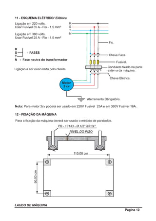 LAUDO DE MÁQUINA
Página 10
11 - ESQUEMA ELÉTRICO/ Elétrica
Ligação em 220 volts.
Usar Fusível 35 A - Fio - 1,5 mm²
Ligação em 380 volts.
Usar Fusível 25 A - Fio - 1,5 mm²
R
S - FASES
T
N - Fase neutra do transformador
Ligação a ser executada pelo cliente.
Fio.
Chave Faca.
P1 P2 P3
Condulete ﬁxado na parte
externa da máquina.
Chave Elétrica.
R
S
T
N
Motor
5 cv
Fusível.
Aterramento Obrigatório.
Nota: Para motor 3cv poderá ser usado em 220V Fusível 25A e em 380V Fusível 16A .
12 - FIXAÇÃO DA MÁQUINA
Para a ﬁxação da máquina deverá ser usado o método de parabolde.
PB - 13133 - Ø 1/2" X51/4"
NÍVEL DO PISO
90,00cm
110,00 cm
 