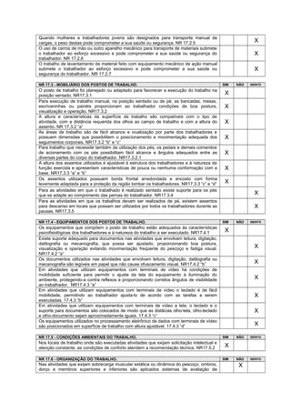 Quando mulheres e trabalhadores jovens são designados para transporte manual de
cargas, o peso destas pode comprometer a sua saúde ou segurança. NR 17.2.5 X
O uso de carros de mão ou outro aparelho mecânico para transporte de materiais submete
o trabalhador ao esforço excessivo e pode comprometer a sua saúde ou segurança do
trabalhador. NR 17.2.6
X
O trabalho de levantamento de material feito com equipamento mecânico de ação manual
submete o trabalhador ao esforço excessivo e pode comprometer a sua saúde ou
segurança do trabalhador. NR 17.2.7
X
NR 17.3 - MOBILIÁRIO DOS POSTOS DE TRABALHO. SIM NÃO ISENTO
O posto de trabalho foi planejado ou adaptado para favorecer a execução do trabalho na
posição sentado. NR17.3.1 X
Para execução de trabalho manual, na posição sentado ou de pé, as bancadas, mesas,
escrivaninhas ou painéis proporcionam ao trabalhador condições de boa postura,
visualização e operação. NR17.3.2
X
A altura e características da superfície de trabalho são compatíveis com o tipo de
atividade, com a distância requerida dos olhos ao campo de trabalho e com a altura do
assento. NR 17.3.2 “a”
X
As áreas de trabalho são de fácil alcance e viualização por parte dos trabalhadores e
possuem dimensões que possibilitem o posicionamento e movimentação adequada dos
seguimentos corporais. NR17.3.2 “b” e “c”
X
Para trabalho que necessite também da utilização dos pés, os pedais e demais comandos
de acionamento com os pés possibilitam fácil alcance e ângulos adequados entre as
diversas partes do corpo do trabalhador. NR17.3.2.1
X
A altura dos assentos utilizados é ajustável à estrutura dos trabalhadores e à natureza da
função exercida e apresentam características de pouca ou nenhuma conformação com a
base. NR17.3.3 “a” e “b”
X
Os assentos utilizados possuem borda frontal arredondada e encosto com forma
levemente adaptada para a proteção da região lombar os trabalhadores. NR17.3.3 “c” e “d” X
Para as atividades em que o trabalhado é realizado sentado existe suporte para os pés
que se adapte ao comprimento das pernas do trabalhador. NR17.3.4 X
Para as atividades em que os trabalhos devam ser realizados de pé, existem assentos
para descanso em locais que possam ser utilizados por todos os trabalhadores durante as
pausas. NR17.3.5
X
NR 17.4 - EQUIPAMENTOS DOS POSTOS DE TRABALHO. SIM NÃO ISENTO
Os equipamentos que compõem o posto de trabalho estão adequados às características
psicofisiológicas dos trabalhadores e à natureza do trabalho a ser executado. NR17.4.1 X
Existe suporte adequado para documentos nas atividades que envolvam leitura, digitação,
datilografia ou mecanografia, que possa ser ajustado, proporcionando boa postura,
visualização e operação evitando movimentação freqüente do pescoço e fadiga visual.
NR17.4.2 “a”
X
Os documentos utilizados nas atividades que envolvam leitura, digitação, datilografia ou
mecanografia são legíveis em papel que não cause ofuscamento visual. NR17.4.2 “b” X
Em atividades que utilizam equipamentos com terminais de vídeo há condições de
mobilidade suficiente para permitir o ajuste da tela do equipamento à iluminação do
ambiente, protegendo-a contra reflexos e proporcionando corretos ângulos de visibilidade
ao trabalhador. NR17.4.3 “a”
X
Em atividades que utilizam equipamentos com terminais de vídeo o teclado é de fácil
mobilidade, permitindo ao trabalhador ajusta-lo de acordo com as tarefas a serem
executadas. 17.4.3 “b”
X
Em atividades que utilizam equipamentos com terminais de vídeo a tela, o teclado e o
suporte para documentos são colocados de modo que as distâcias olho-tela, olho-teclado
e olho-documento sejam aproximadamente iguais. 17.4.3 “c”
X
Os equipamentos utilizados no processamento eletrônico de dados com terminais de vídeo
são posicionados em superfície de trabalho com altura ajustável. 17.4.3 “d” X
NR 17.5 - CONDIÇÕES AMBIENTAIS DO TRABALHO. SIM NÃO ISENTO
Nos locais de trabalho onde são executadas atividades que exijam solicitação intelectual e
atenção constante, as condições de conforto atendem a recomendação técnica. NR17.5.2 X
NR 17.6 - ORGANIZAÇÃO DO TRABALHO. SIM NÃO ISENTO
Nas atividades que exijam sobrecarga muscular estática ou dinâmica do pescoço, ombros,
dorço e membros superiores e inferiores são aplicados sistemas de avaliação de
X
 