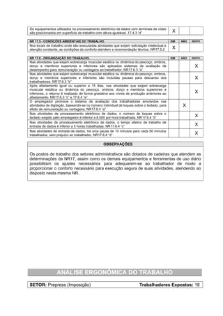 Os equipamentos utilizados no processamento eletrônico de dados com terminais de vídeo
são posicionados em superfície de trabalho com altura ajustável. 17.4.3 “d” X
NR 17.5 - CONDIÇÕES AMBIENTAIS DO TRABALHO. SIM NÃO ISENTO
Nos locais de trabalho onde são executadas atividades que exijam solicitação intelectual e
atenção constante, as condições de conforto atendem a recomendação técnica. NR17.5.2 X
NR 17.6 - ORGANIZAÇÃO DO TRABALHO. SIM NÃO ISENTO
Nas atividades que exijam sobrecarga muscular estática ou dinâmica do pescoço, ombros,
dorço e membros superiores e inferiores são aplicados sistemas de avaliação de
desempenho para remuneração ou vantagens ao trabalhador. NR17.6.3 “a”
X
Nas atividades que exijam sobrecarga muscular estática ou dinâmica do pescoço, ombros,
dorço e membros superiores e inferiores são incluídas pausas para descanso dos
trabalhadores. NR17.6.3 “b”
X
Após afastamento igual ou superior a 15 dias, nas atividades que exijam sobrecarga
muscular estática ou dinâmica do pescoço, ombros, dorço e membros superiores e
inferiores, o retorno é realizado de forma gradativa aos níveis de produção anteriores ao
afastamento. NR17.6.3 “c” e 17.6.4 “e”
X
O empregador promove o sistema de avaliação dos trabalhadores envolvidos nas
atividades de digitação, baseando-se no número individual de toques sobre o teclado, para
efeito de remuneração ou vantagens. NR17.6.4 “a”
X
Nas atividades de processamento eletrônico de dados, o número de toques sobre o
teclado exigido pelo empregador é inferior a 8.000 por hora trabalhada. NR17.6.4 “b” X
Nas atividades de processamento eletrônico de dados, o tempo efetivo de trabalho de
entrada de dados é inferior a 5 horas trabalhadas. NR17.6.4 “c” X
Nas atividades de entrada de dados, há uma pausa de 10 minutos para cada 50 minutos
trabalhados, sem prejuízo ao trabalhador. NR17.6.4 “d” X
OBSERVAÇÕES
Os postos de trabalho dos setores administrativos são dotados de cadeiras que atendem as
determinações da NR17, assim como os demais equipamentos e ferramentas de uso diário
possibilitam os ajustes necessários para adequarem-se ao trabalhador de modo a
proporcionar o conforto necessário para execução segura de suas atividades, atendendo ao
disposto nesta mesma NR.
ANÁLISE ERGONÔMICA DO TRABALHO
SETOR: Prepress (Imposição) Trabalhadores Expostos: 18
 