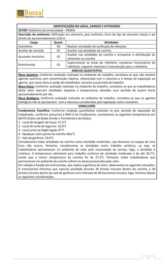 11
IDENTIFICAÇÃO DO LOCAL, CARGOS E ATIVIDADES
SETOR: Refeitório da Universidade - PROEN
Descrição do ambiente: Edificação em alvenaria, piso cerâmico, forro de laje de concreto maciça e pé
direito de aproximadamente 3,50 m.
Cargo Quant. Atividades
Cozinheiro 03 Realizar atividades de confecção de refeições.
Auxiliar de nutrição 01 Auxiliar nas atividades da cozinha.
Ajustador mecânico 02
Auxiliar nas atividades da cozinha e armazenar e distribuição de
alimentos na cozinha.
Nutricionista 01
Supervisionar as áreas do refeitório, coordenar funcionários do
refeitório, requerer materiais e manutenção para o refeitório.
ANÁLISE QUALITATIVA
Risco Químico: Conforme avaliação realizada no ambiente de trabalho, constatou-se que não existem
agentes químicos com concentração máxima, relacionada com a natureza e o tempo de exposição ao
agente, que cause dano à saúde do trabalhador, durante sua jornada de trabalho.
Risco Físico: Conforme avaliação realizada no ambiente de trabalho, constatou-se que os trabalhadores
deste setor exercem atividades expostos à temperaturas elevadas num período de quatro horas
aproximadamente por dia.
Risco Biológico: Conforme avaliação realizada no ambiente de trabalho, constatou-se que os agentes
biológicos não se apresentam com a natureza considerados pela legislação como insalubres.
CONCLUSÃO
Fundamento Científico: Conforme medição quantitativa realizada no pior período de exposição do
trabalhador, conforme preconiza a NHO 6 da Fundacentro, constatamos as seguintes temperaturas em
IBUTG (Índice de Bulbo Úmido e Termômetro de Globo):
1 - Local de lavagem de louça: 27,3°C
2 - Local de corte de legumes: 32,0°C
3 - Local junto ao fogão ligado 37°C
4 - Qualquer outro ponto da cozinha 28,6°C
5 - Sala da gerência: 23,4°C
Consideramos todas atividades da cozinha como atividade moderada, cujo descanso no espaço de uma
hora não ocorre, Portanto, consideramos as atividades como trabalho contínuo, ou seja, os
trabalhadores permanecem no ambiente de calor pela necessidade do serviço, logo, a atividade é
contínua. A temperatura admissível para trabalho contínuo de atividade moderada é de até 26,7°C,
sendo que a menor temperatura da cozinha foi de 27,3°C. Portanto, todos trabalhadores que
permanecem no ambiente da cozinha sofrem os danos provocados pelo calor.
Em relação a função da nutricionista, que realiza a gerência do setor, observamos as seguintes situações:
A nutricionista informou que executa atividade durante 30 (trinta) minutos dentro da cozinha, e 30
(trinta) minutos dentro da sala de gerência num intervalo de 60 (sessenta) minutos, logo, faremos abaixo
as seguintes considerações:
 