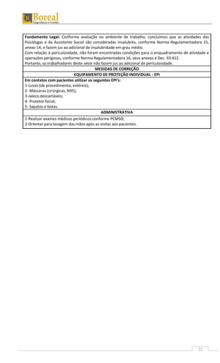 22
Fundamento Legal: Conforme avaliação no ambiente de trabalho, concluímos que as atividades das
Psicólogas e da Assistente Social são consideradas insalubres, conforme Norma Regulamentadora 15,
anexo 14, e fazem jus ao adicional de insalubridade em grau médio.
Com relação à periculosidade, não foram encontradas condições para o enquadramento de atividade e
operações perigosas, conforme Norma Regulamentadora 16, seus anexos e Dec. 93.412.
Portanto, os trabalhadores deste setor não fazem jus ao adicional de periculosidade.
MEDIDAS DE CORREÇÃO
EQUIPAMENTO DE PROTEÇÃO INDIVIDUAL - EPI
Em contatos com pacientes utilizar os seguintes EPI’s:
1-Luvas (de procedimento, estéreis);
2- Máscaras (cirúrgicas, N95);
3-Jaleco descartáveis;
4- Protetor facial;
5- Sapatos e botas.
ADMINISTRATIVA
1-Realizar exames médicos periódicos conforme PCMSO;
2-Orientar para lavagem das mãos após as visitas aos pacientes.
 