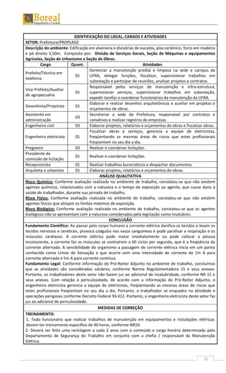 26
IDENTIFICAÇÃO DO LOCAL, CARGOS E ATIVIDADES
SETOR: Prefeitura/PROPLAGE
Descrição do ambiente: Edificação em alvenaria e divisórias de eucatex, piso cerâmico, forro em madeira
e pé direito 3,50m. Composto por: Divisão de Serviços Gerais, Seção de Máquinas e equipamentos
Agrícolas, Seção de Urbanismo e Seção de Obras.
Cargo Quant. Atividades
Prefeito/Técnico em
telefonia
01
Gerenciar a manutenção predial e limpeza na sede e campus da
UFRA, delegar funções, fiscalizar, supervisionar trabalhos em
subestação e participar de reuniões, analisar projetos e contratos.
Vice Prefeito/Auxiliar
de agropecuária
01
Responsável pelos serviços de manutenção e infra-estrutura,
supervisionar serviços, supervisionar trabalhos em subestação,
expedir tarefas e coordenar funcionários da manutenção da UFRA.
Desenhista/Projetista 01
Elaborar e realizar desenhos arquitetônicos e auxiliar em projetos e
orçamentos de obras.
Assistente em
administração
03
Secretariar a sede da Prefeitura, responsável por contratos e
convênios e realizar registros de empresas.
Engenheiro civil 03 Elaborar projetos, relatórios e orçamentos de obras e fiscalizar obras.
Engenheiro eletricista 01
Fiscalizar obras e serviços, gerencia a equipe de eletricistas,
freqüentando as mesmas áreas de riscos que estes profissionais
freqüentam no seu dia a dia.
Pregoeiro 03 Realizar e coordenar licitações.
Presidente da
comissão de licitação
01 Realizar e coordenar licitações.
Recepcionista 01 Realizar trabalhos burocráticos e despachar documentos.
Arquiteta e urbanista 01 Elaborar projetos, relatórios e orçamentos de obras.
ANÁLISE QUALITATIVA
Risco Químico: Conforme avaliação realizada no ambiente de trabalho, constatou-se que não existem
agentes químicos, relacionados com a natureza e o tempo de exposição ao agente, que cause dano à
saúde do trabalhador, durante sua jornada de trabalho.
Risco Físico: Conforme avaliação realizada no ambiente de trabalho, constatou-se que não existem
agentes físicos que atinjam os limites máximos de exposição.
Risco Biológico: Conforme avaliação realizada no ambiente de trabalho, constatou-se que os agentes
biológicos não se apresentam com a natureza considerados pela legislação como insalubres.
CONCLUSÃO
Fundamento Científico: Ao passar pelo corpo humano a corrente elétrica danifica os tecidos e lesam os
tecidos nervosos e cerebrais, provoca coágulos nos vasos sanguíneos e pode paralisar a respiração e os
músculos cardíacos. A corrente elétrica pode matar imediatamente ou pode colocar a pessoa
inconsciente, a corrente faz os músculos se contraírem a 60 ciclos por segundo, que é a freqüência da
corrente alternada. A sensibilidade do organismo a passagem de corrente elétrica inicia em um ponto
conhecido como Limiar de Sensação e que ocorre com uma intensidade de corrente de 1m A para
corrente alternada e 5m A para corrente contínua.
Fundamento Legal: Conforme informação do Pró-Reitor Adjunto no ambiente de trabalho, concluímos
que as atividades são consideradas salubres, conforme Norma Regulamentadora 15 e seus anexos.
Portanto, os trabalhadores deste setor não fazem jus ao adicional de insalubridade, conforme NR 15 e
seus anexos. Com relação à periculosidade, de acordo com a informação do Pró-Reitor Adjunto, o
engenheiro eletricista gerencia a equipe de eletricistas, freqüentando as mesmas áreas de riscos que
estes profissionais freqüentam no seu dia a dia. Portanto, o trabalhador se enquadra na atividade e
operações perigosas conforme Decreto Federal 93.412. Portanto, o engenheiro eletricista deste setor faz
jus ao adicional de periculosidade.
MEDIDAS DE CORREÇÃO
TREINAMENTO:
1. Todo funcionário que realizar trabalhos de manutenção em equipamentos e instalações elétricas
devem ter treinamento específico de 40 horas, conforme NR10.
2. Deverá ser feita uma reciclagem a cada 2 anos com o conteúdo e carga horária determinado pelo
Departamento de Segurança do Trabalho em conjunto com a chefia / responsável da Manutenção
Elétrica.
 
