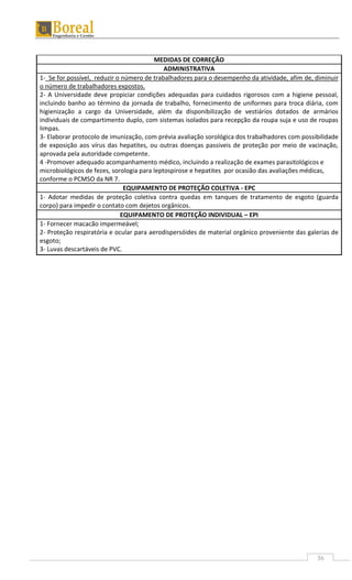 36
MEDIDAS DE CORREÇÃO
ADMINISTRATIVA
1- Se for possível, reduzir o número de trabalhadores para o desempenho da atividade, afim de, diminuir
o número de trabalhadores expostos.
2- A Universidade deve propiciar condições adequadas para cuidados rigorosos com a higiene pessoal,
incluindo banho ao término da jornada de trabalho, fornecimento de uniformes para troca diária, com
higienização a cargo da Universidade, além da disponibilização de vestiários dotados de armários
individuais de compartimento duplo, com sistemas isolados para recepção da roupa suja e uso de roupas
limpas.
3- Elaborar protocolo de imunização, com prévia avaliação sorológica dos trabalhadores com possibilidade
de exposição aos vírus das hepatites, ou outras doenças passiveis de proteção por meio de vacinação,
aprovada pela autoridade competente.
4 -Promover adequado acompanhamento médico, incluindo a realização de exames parasitológicos e
microbiológicos de fezes, sorologia para leptospirose e hepatites por ocasião das avaliações médicas,
conforme o PCMSO da NR 7.
EQUIPAMENTO DE PROTEÇÃO COLETIVA - EPC
1- Adotar medidas de proteção coletiva contra quedas em tanques de tratamento de esgoto (guarda
corpo) para impedir o contato com dejetos orgânicos.
EQUIPAMENTO DE PROTEÇÃO INDIVIDUAL – EPI
1- Fornecer macacão impermeável;
2- Proteção respiratória e ocular para aerodispersóides de material orgânico proveniente das galerias de
esgoto;
3- Luvas descartáveis de PVC.
 