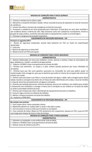 59
MEDIDAS DE CORREÇÃO PARA O RISCO QUÍMICO
ADMINISTRATIVA
1 - Previna o contato com os olhos e pele;
2 - Mantenha o recipiente fechado e selado. Utilizar exaustão (à prova de explosão) no local de manuseio
da substância;
3 - Instalar lava-olhos e chuveiro de emergência no local de manuseio;
4 - Armazene a substância em local apropriado para inflamável. O local deve ser seco, bem ventilado e
sem incidência direta e indireta de calor. Não armazenar junto com substâncias incompatíveis. Previna a
geração de carga estática, mantenha aterrado todos os equipamentos usados na armazenagem;
5 - Promover o programa de proteção respiratória.
EQUIPAMENTO DE PROTEÇÃO INDIVIDUAL - EPI
Fornecer os seguintes EPI’s:
1 - Óculos de segurança amplavisão; avental (tipo barbeiro) em PVC ou Tyvek (na especificação
apropriada);
2 - Luvas pvc;
3 - Botinas de segurança ou botas PVC;
4 - Máscara facial com filtro para gases.
MEDIDAS DE CORREÇÃO PARA O RISCO BIOLÓGICO
ADMINISTRATIVA
1 - Realizar dedetização em torno dos estábulos, currais, apriscos e aviários, limpar os reservatórios de
água, bebedouros, impedir a existência de água parada;
2 - Elaborar o PCMSO e fazer acompanhamento através do ASO;
3 - Orientar que examinem as roupas e a pele, sempre quando passarem por locais infestados de
carrapatos;
4 - Orientar para que não usem gasolina, querosene ou removedor de unha que podem ajudar na
contaminação; Evite esmagá-los, para que as bactérias que estão no interior do carrapato não entrem em
contato com a pele;
5 - Orientar para que lavem suas mãos e a área da picada com água e sabão, após a lavagem passe álcool
iodado; Guarde o carrapato vivo dentro de um frasco de vidro identificado com a data, o local da mordida
e o tipo de animal que provavelmente carregava o carrapato;
6 - Orientar para quando apresentar sintomas da doença, procure de imediato o seu médico para receber
o tratamento com antibiótico e entregar o frasco com o carrapato ao seu médico ou no posto de saúde
ou ainda à autoridade sanitária do local;
7 - Orientar para limpeza das mãos e desinfecção de equipamentos durante os trabalhos;
8 - Consumir água mineral no ambiente de trabalho;
9 - Manter a limpeza constante nos locais de trabalho;
10 - Implantar o PPRA NR 9.
EQUIPAMENTO DE PROTEÇÃO INDIVIDUAL - EPI
No contato com animais:
1 - Usar roupas claras, meias compridas e botas;
2 - Repelentes (devem ser usados sobre a roupa e não sobre a pele);
3 - Use uma pinça e nunca as mãos para remover os carrapatos;
4 - Usar conjunto de Calça e Botas em PVC (jardineira) com suspensório, Jaqueta em PVC, Luvas em PVC
cano longo para limpeza de locais e trato de animais.
MEDIDAS DE CORREÇÃO PARA A PERICULOSIDADE
ADMINISTRATIVA
1 - Submeter as instalações a uma análise da NE 3.06 da CNEN;
2 - Elaborar o PCMSO e fazer acompanhamento através do ASO;
3 - Realizar testes de eficiência dos EPI’s.
 