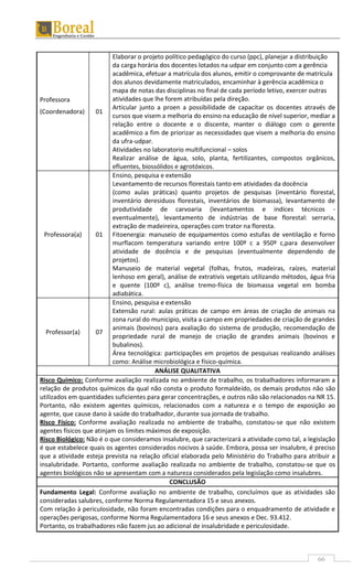 66
Professora
(Coordenadora) 01
Elaborar o projeto político pedagógico do curso (ppc), planejar a distribuição
da carga horária dos docentes lotados na udpar em conjunto com a gerência
acadêmica, efetuar a matrícula dos alunos, emitir o comprovante de matrícula
dos alunos devidamente matriculados, encaminhar à gerência acadêmica o
mapa de notas das disciplinas no final de cada período letivo, exercer outras
atividades que lhe forem atribuídas pela direção.
Articular junto a proen a possibilidade de capacitar os docentes através de
cursos que visem a melhoria do ensino na educação de nível superior, mediar a
relação entre o docente e o discente, manter o diálogo com o gerente
acadêmico a fim de priorizar as necessidades que visem a melhoria do ensino
da ufra-udpar.
Atividades no laboratorio multifuncional – solos
Realizar análise de água, solo, planta, fertilizantes, compostos orgânicos,
efluentes, biossólidos e agrotóxicos.
Professora(a) 01
Ensino, pesquisa e extensão
Levantamento de recursos florestais tanto em atividades da docência
(como aulas práticas) quanto projetos de pesquisas (inventário florestal,
inventário deresiduos florestais, inventários de biomassa), levantamento de
produtividade de carvoaria (levantamentos e indices técnicos -
eventualmente), levantamento de indústrias de base florestal: serraria,
extração de madeireira, operações com trator na floresta.
Fitoenergia: manuseio de equipamentos como estufas de ventilação e forno
murflacom temperatura variando entre 100º c a 950º c,para desenvolver
atividade de docência e de pesquisas (eventualmente dependendo de
projetos).
Manuseio de material vegetal (folhas, frutos, madeiras, raízes, material
lenhoso em geral), análise de extrativis vegetais utilizando métodos, água fria
e quente (100º c), análise tremo-física de biomassa vegetal em bomba
adiabática.
Professor(a) 07
Ensino, pesquisa e extensão
Extensão rural: aulas práticas de campo em áreas de criação de animais na
zona rural do municipio, visita a campo em propriedades de criação de grandes
animais (bovinos) para avaliação do sistema de produção, recomendação de
propriedade rural de manejo de criação de grandes animais (bovinos e
bubalinos).
Área tecnológica: participações em projetos de pesquisas realizando análises
como: Análise microbiológica e físico-química.
ANÁLISE QUALITATIVA
Risco Químico: Conforme avaliação realizada no ambiente de trabalho, os trabalhadores informaram a
relação de produtos químicos da qual não consta o produto formaldeído, os demais produtos não são
utilizados em quantidades suficientes para gerar concentrações, e outros não são relacionados na NR 15.
Portanto, não existem agentes químicos, relacionados com a natureza e o tempo de exposição ao
agente, que cause dano à saúde do trabalhador, durante sua jornada de trabalho.
Risco Físico: Conforme avaliação realizada no ambiente de trabalho, constatou-se que não existem
agentes físicos que atinjam os limites máximos de exposição.
Risco Biológico: Não é o que consideramos insalubre, que caracterizará a atividade como tal, a legislação
é que estabelece quais os agentes considerados nocivos à saúde. Embora, possa ser insalubre, é preciso
que a atividade esteja prevista na relação oficial elaborada pelo Ministério do Trabalho para atribuir a
insalubridade. Portanto, conforme avaliação realizada no ambiente de trabalho, constatou-se que os
agentes biológicos não se apresentam com a natureza considerados pela legislação como insalubres.
CONCLUSÃO
Fundamento Legal: Conforme avaliação no ambiente de trabalho, concluímos que as atividades são
consideradas salubres, conforme Norma Regulamentadora 15 e seus anexos.
Com relação à periculosidade, não foram encontradas condições para o enquadramento de atividade e
operações perigosas, conforme Norma Regulamentadora 16 e seus anexos e Dec. 93.412.
Portanto, os trabalhadores não fazem jus ao adicional de insalubridade e periculosidade.
 
