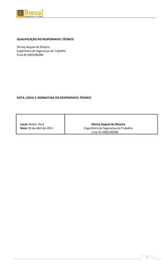 71
QUALIFICAÇÃO DO RESPONSÁVEL TÉCNICO
Shirley Raquel de Oliveira
Engenheira de Segurança do Trabalho
Crea-RJ 2003106286
DATA, LOCAL E ASSINATURA DO RESPONSÁVEL TÉCNICO
Local: Belém, Pará
Data: 05 de Abril de 2011
Shirley Raquel de Oliveira
Engenheira de Segurança do Trabalho
Crea-RJ 2003106286
 