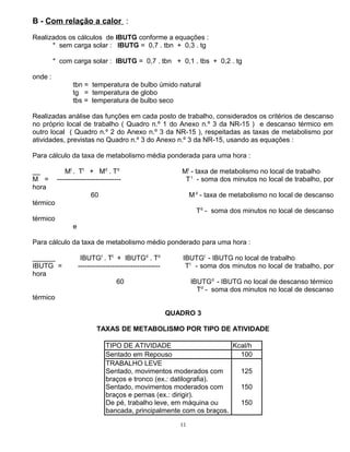 B - Com relação a calor :
Realizados os cálculos de IBUTG conforme a equações :
* sem carga solar : IBUTG = 0,7 . tbn + 0,3 . tg
* com carga solar : IBUTG = 0,7 . tbn + 0,1 . tbs + 0,2 . tg
onde :
tbn = temperatura de bulbo úmido natural
tg = temperatura de globo
tbs = temperatura de bulbo seco
Realizadas análise das funções em cada posto de trabalho, considerados os critérios de descanso
no próprio local de trabalho ( Quadro n.º 1 do Anexo n.º 3 da NR-15 ) e descanso térmico em
outro local ( Quadro n.º 2 do Anexo n.º 3 da NR-15 ), respeitadas as taxas de metabolismo por
atividades, previstas no Quadro n.º 3 do Anexo n.º 3 da NR-15, usando as equações :
Para cálculo da taxa de metabolismo média ponderada para uma hora :
__ Mt
. Tt
+ Md
. Td
Mt
- taxa de metabolismo no local de trabalho
M = ---------------------------- T t
- soma dos minutos no local de trabalho, por
hora
60 Md
- taxa de metabolismo no local de descanso
térmico
Td
- soma dos minutos no local de descanso
térmico
e
Para cálculo da taxa de metabolismo médio ponderado para uma hora :
______ IBUTGt
. Tt
+ IBUTGd
. Td
IBUTGt
- IBUTG no local de trabalho
IBUTG = ------------------------------------ Tt
- soma dos minutos no local de trabalho, por
hora
60 IBUTGd
- IBUTG no local de descanso térmico
Td
- soma dos minutos no local de descanso
térmico
QUADRO 3
TAXAS DE METABOLISMO POR TIPO DE ATIVIDADE
TIPO DE ATIVIDADE Kcal/h
Sentado em Repouso 100
TRABALHO LEVE
Sentado, movimentos moderados com
braços e tronco (ex.: datilografia).
Sentado, movimentos moderados com
braços e pernas (ex.: dirigir).
De pé, trabalho leve, em máquina ou
bancada, principalmente com os braços.
125
150
150
11
 
