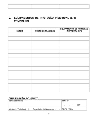 V. EQUIPAMENTOS DE PROTEÇÃO INDIVIDUAL (EPI)
PROPOSTOS
SETOR POSTO DE TRABALHO
EQUIPAMENTO DE PROTEÇÃO
INDIVIDUAL (EPI)
QUALIFICAÇÃO DO PERITO
Nome/assinatura R.G. nº
. . - SSP -
Médico do Trabalho ( ) Engenheiro de Segurança ( ) CREA / CRM
16
 
