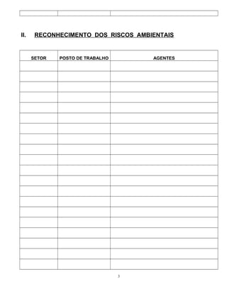 II. RECONHECIMENTO DOS RISCOS AMBIENTAIS
SETOR POSTO DE TRABALHO AGENTES
3
 