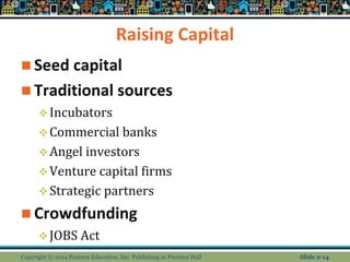 Raising Capital
 Seed capital
 Traditional sources
Incubators
Commercial banks
Angel investors
Venture capital firms
Strategic partners
 Crowdfunding
JOBS Act
Copyright © 2014 Pearson Education, Inc. Publishing as Prentice Hall Slide 2-14
 
