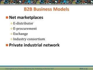 B2B Business Models
 Net marketplaces
E-distributor
E-procurement
Exchange
Industry consortium
 Private industrial network
Copyright © 2014 Pearson Education, Inc. Publishing as Prentice Hall Slide 2-25
 