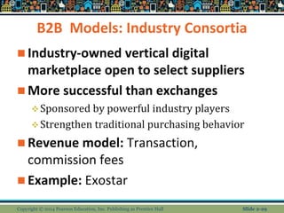 B2B Models: Industry Consortia
 Industry-owned vertical digital
marketplace open to select suppliers
 More successful than exchanges
Sponsored by powerful industry players
Strengthen traditional purchasing behavior
 Revenue model: Transaction,
commission fees
 Example: Exostar
Copyright © 2014 Pearson Education, Inc. Publishing as Prentice Hall Slide 2-29
 