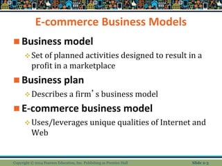 E-commerce Business Models
 Business model
Set of planned activities designed to result in a
profit in a marketplace
 Business plan
Describes a firm’s business model
 E-commerce business model
Uses/leverages unique qualities of Internet and
Web
Copyright © 2014 Pearson Education, Inc. Publishing as Prentice Hall Slide 2-3
 
