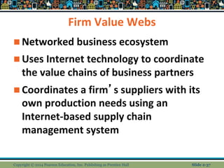 Firm Value Webs
 Networked business ecosystem
 Uses Internet technology to coordinate
the value chains of business partners
 Coordinates a firm’s suppliers with its
own production needs using an
Internet-based supply chain
management system
Copyright © 2014 Pearson Education, Inc. Publishing as Prentice Hall Slide 2-37
 