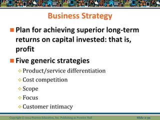 Business Strategy
 Plan for achieving superior long-term
returns on capital invested: that is,
profit
 Five generic strategies
Product/service differentiation
Cost competition
Scope
Focus
Customer intimacy
Copyright © 2014 Pearson Education, Inc. Publishing as Prentice Hall Slide 2-39
 