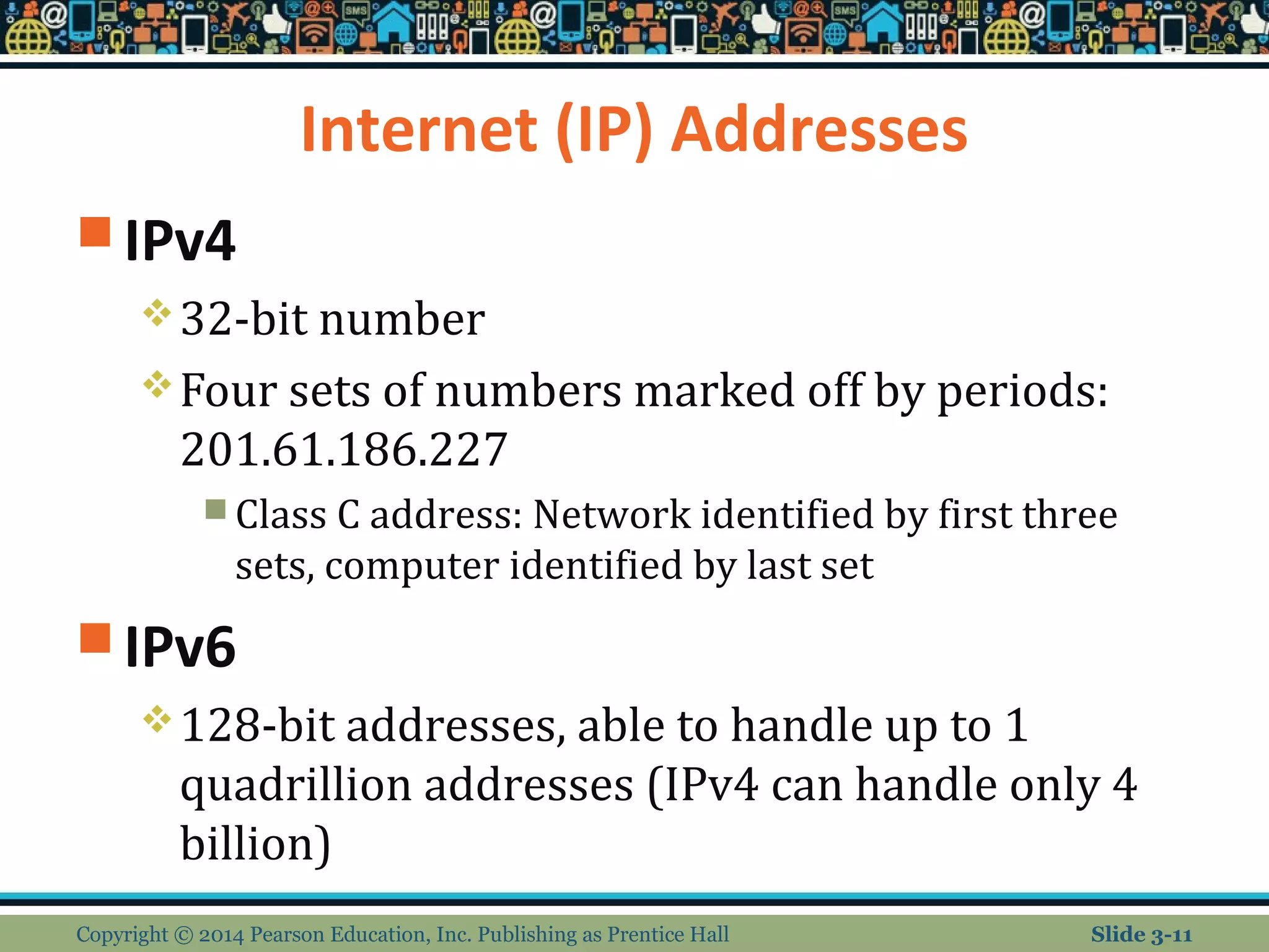 Internet (IP) Addresses 
IPv4 
32-bit number 
Four sets of numbers marked off by periods: 
201.61.186.227 
Class C address: Network identified by first three 
sets, computer identified by last set 
IPv6 
128-bit addresses, able to handle up to 1 
quadrillion addresses (IPv4 can handle only 4 
billion) 
Copyright © 2014 Pearson Education, Inc. Publishing as Prentice Hall Slide 3-11 
 