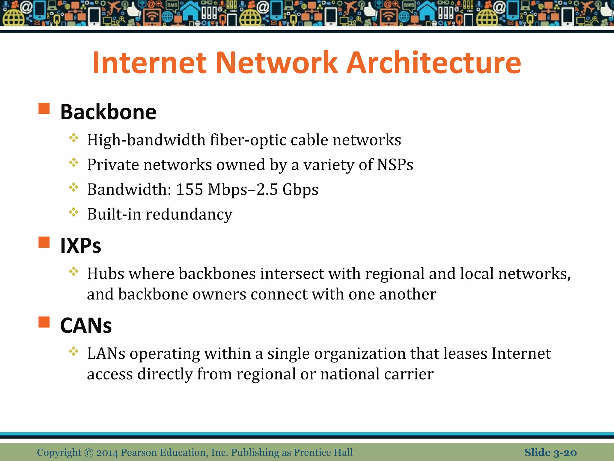 Internet Network Architecture 
 Backbone 
 High-bandwidth fiber-optic cable networks 
 Private networks owned by a variety of NSPs 
 Bandwidth: 155 Mbps–2.5 Gbps 
 Built-in redundancy 
 IXPs 
 Hubs where backbones intersect with regional and local networks, 
and backbone owners connect with one another 
 CANs 
 LANs operating within a single organization that leases Internet 
access directly from regional or national carrier 
Copyright © 2014 Pearson Education, Inc. Publishing as Prentice Hall Slide 3-20 
 