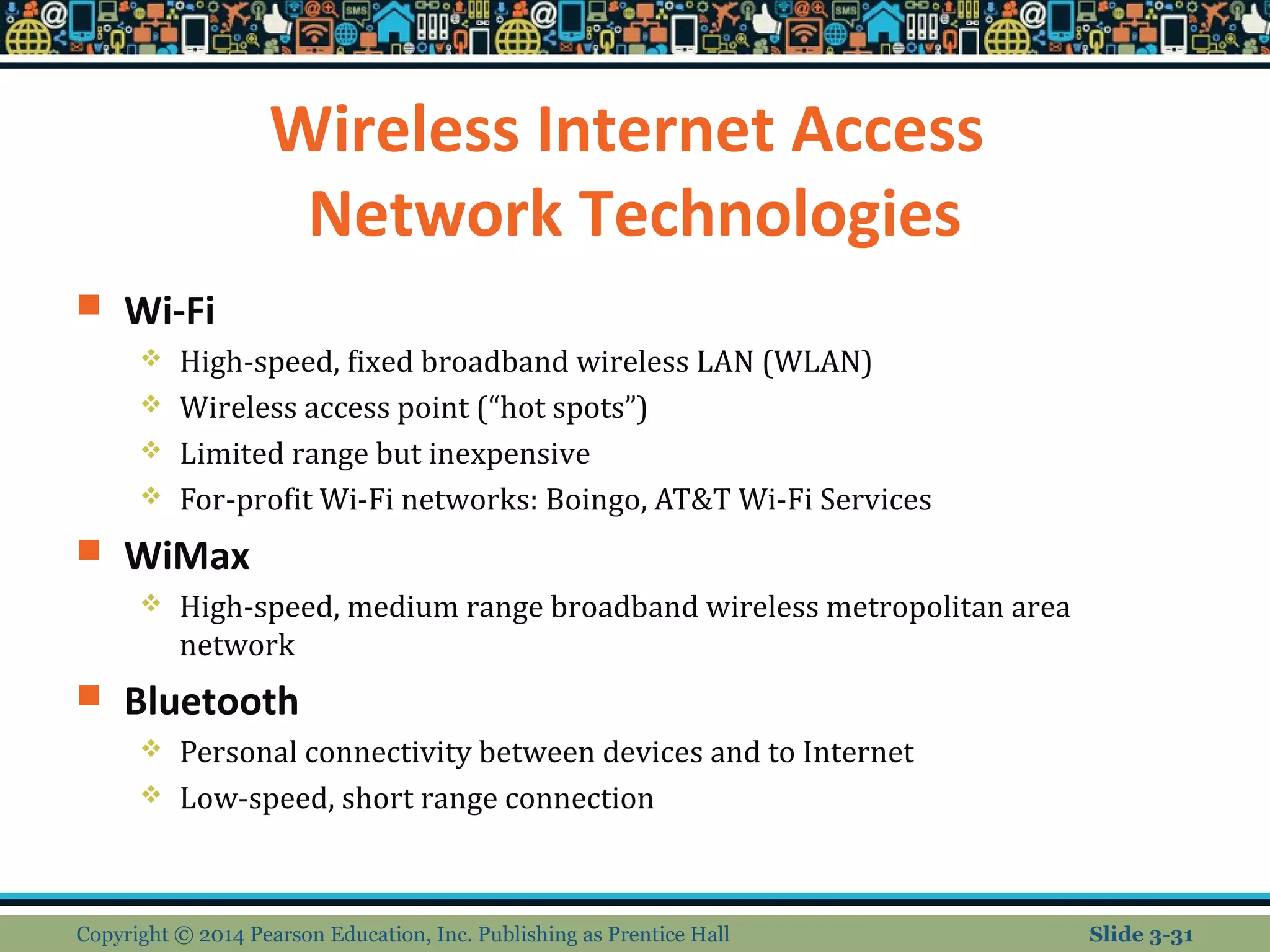 Wireless Internet Access 
Network Technologies 
 Wi-Fi 
 High-speed, fixed broadband wireless LAN (WLAN) 
 Wireless access point (“hot spots”) 
 Limited range but inexpensive 
 For-profit Wi-Fi networks: Boingo, AT&T Wi-Fi Services 
 WiMax 
 High-speed, medium range broadband wireless metropolitan area 
network 
 Bluetooth 
 Personal connectivity between devices and to Internet 
 Low-speed, short range connection 
Copyright © 2014 Pearson Education, Inc. Publishing as Prentice Hall Slide 3-31 
 