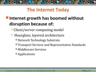 The Internet Today 
Internet growth has boomed without 
disruption because of: 
Client/server computing model 
 Hourglass, layered architecture 
Network Technology Substrate 
Transport Services and Representation Standards 
Middleware Services 
Applications 
Copyright © 2014 Pearson Education, Inc. Publishing as Prentice Hall Slide 3-18 
 