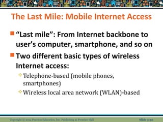 The Last Mile: Mobile Internet Access 
“Last mile”: From Internet backbone to 
user’s computer, smartphone, and so on 
Two different basic types of wireless 
Internet access: 
Telephone-based (mobile phones, 
smartphones) 
Wireless local area network (WLAN)-based 
Copyright © 2014 Pearson Education, Inc. Publishing as Prentice Hall Slide 3-30 
 