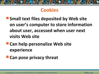 Cookies 
Small text files deposited by Web site 
on user’s computer to store information 
about user, accessed when user next 
visits Web site 
Can help personalize Web site 
experience 
Can pose privacy threat 
Copyright © 2014 Pearson Education, Inc. Publishing as Prentice Hall Slide 3-46 
 