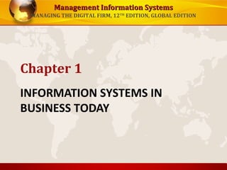 Management Information SystemsManagement Information Systems
MANAGING THE DIGITAL FIRM, 12TH
EDITION, GLOBAL EDITION
INFORMATION SYSTEMS IN
BUSINESS TODAY
Chapter 1
 