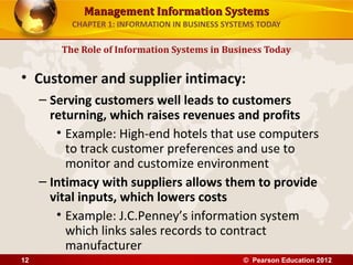 Management Information SystemsManagement Information Systems
CHAPTER 1: INFORMATION IN BUSINESS SYSTEMS TODAY
• Customer and supplier intimacy:
– Serving customers well leads to customers
returning, which raises revenues and profits
• Example: High-end hotels that use computers
to track customer preferences and use to
monitor and customize environment
– Intimacy with suppliers allows them to provide
vital inputs, which lowers costs
• Example: J.C.Penney’s information system
which links sales records to contract
manufacturer
The Role of Information Systems in Business Today
© Pearson Education 201212
 