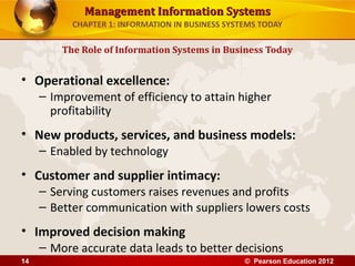 Management Information SystemsManagement Information Systems
CHAPTER 1: INFORMATION IN BUSINESS SYSTEMS TODAY
• Operational excellence:
– Improvement of efficiency to attain higher
profitability
• New products, services, and business models:
– Enabled by technology
• Customer and supplier intimacy:
– Serving customers raises revenues and profits
– Better communication with suppliers lowers costs
• Improved decision making
– More accurate data leads to better decisions
The Role of Information Systems in Business Today
© Pearson Education 201214
 