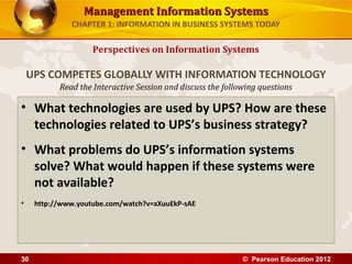 Management Information SystemsManagement Information Systems
Read the Interactive Session and discuss the following questions
CHAPTER 1: INFORMATION IN BUSINESS SYSTEMS TODAY
• What technologies are used by UPS? How are these
technologies related to UPS’s business strategy?
• What problems do UPS’s information systems
solve? What would happen if these systems were
not available?
• http://www.youtube.com/watch?v=xXuuEkP-sAE
Perspectives on Information Systems
UPS COMPETES GLOBALLY WITH INFORMATION TECHNOLOGY
© Pearson Education 201230
 