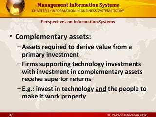 Management Information SystemsManagement Information Systems
CHAPTER 1: INFORMATION IN BUSINESS SYSTEMS TODAY
• Complementary assets:
–Assets required to derive value from a
primary investment
–Firms supporting technology investments
with investment in complementary assets
receive superior returns
–E.g.: invest in technology and the people to
make it work properly
Perspectives on Information Systems
© Pearson Education 201237
 