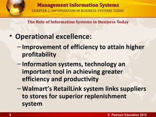 Management Information SystemsManagement Information Systems
CHAPTER 1: INFORMATION IN BUSINESS SYSTEMS TODAY
• Operational excellence:
–Improvement of efficiency to attain higher
profitability
–Information systems, technology an
important tool in achieving greater
efficiency and productivity
–Walmart’s RetailLink system links suppliers
to stores for superior replenishment
system
The Role of Information Systems in Business Today
© Pearson Education 20129
 