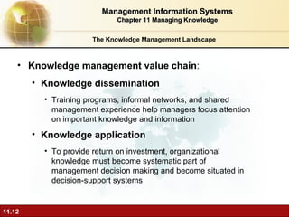 The Knowledge Management Landscape Knowledge management value chain :  Knowledge dissemination Training programs, informal networks, and shared management experience help managers focus attention on important knowledge and information Knowledge application  To provide return on investment, organizational knowledge must become systematic part of management decision making and become situated in decision-support systems Management Information Systems Chapter 11 Managing Knowledge 