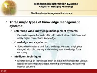 The Knowledge Management Landscape Three major types of knowledge management systems :  Enterprise-wide knowledge management systems General-purpose firmwide efforts to collect, store, distribute, and apply digital content and knowledge Knowledge work systems Specialized systems built for knowledge workers: employees charged with discovering and creating new knowledge for a company Intelligent techniques   Diverse group of techniques such as data mining used for various goals: discovering knowledge, distilling knowledge, discovering optimal solutions  Management Information Systems Chapter 11 Managing Knowledge 