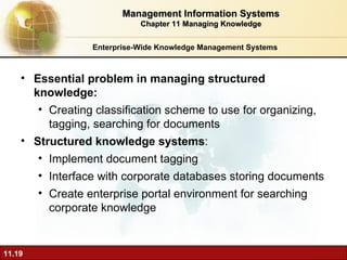 Enterprise-Wide Knowledge Management Systems E ssential problem in managing structured knowledge:  Creating classification scheme to use for organizing, tagging, searching for documents Structured knowledge systems :  Implement document tagging Interface with corporate databases storing documents Create enterprise portal environment for searching corporate knowledge Management Information Systems Chapter 11 Managing Knowledge 