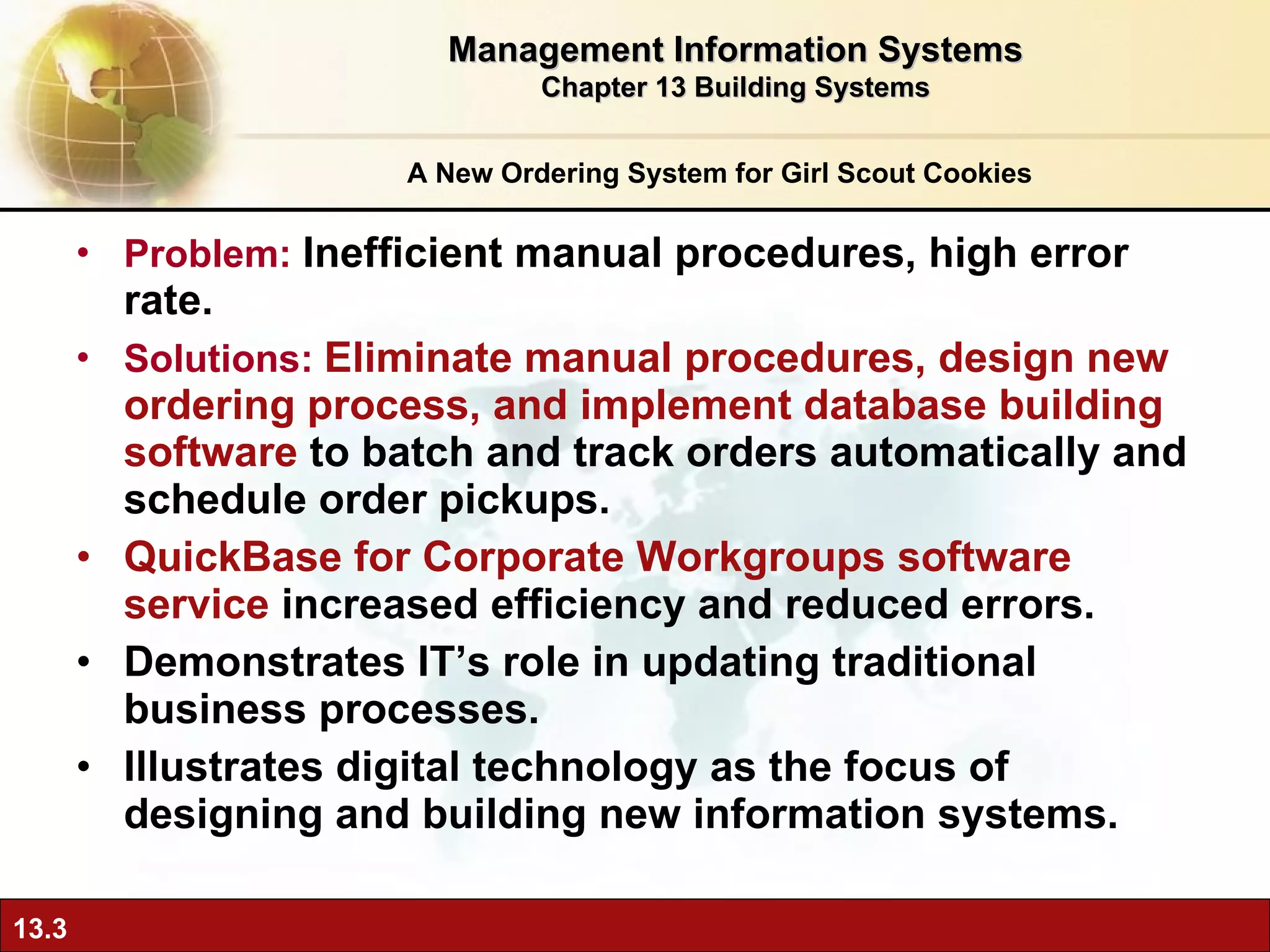 Problem:   Inefficient manual procedures, high error rate. Solutions:  Eliminate manual procedures, design new ordering process, and implement database building software  to batch and track orders automatically and schedule order pickups. QuickBase for Corporate Workgroups software service  increased efficiency and reduced errors. Demonstrates IT’s role in updating traditional business processes. Illustrates digital technology as the focus of designing and building new information systems. A New Ordering System for Girl Scout Cookies Management Information Systems Chapter 13 Building Systems 