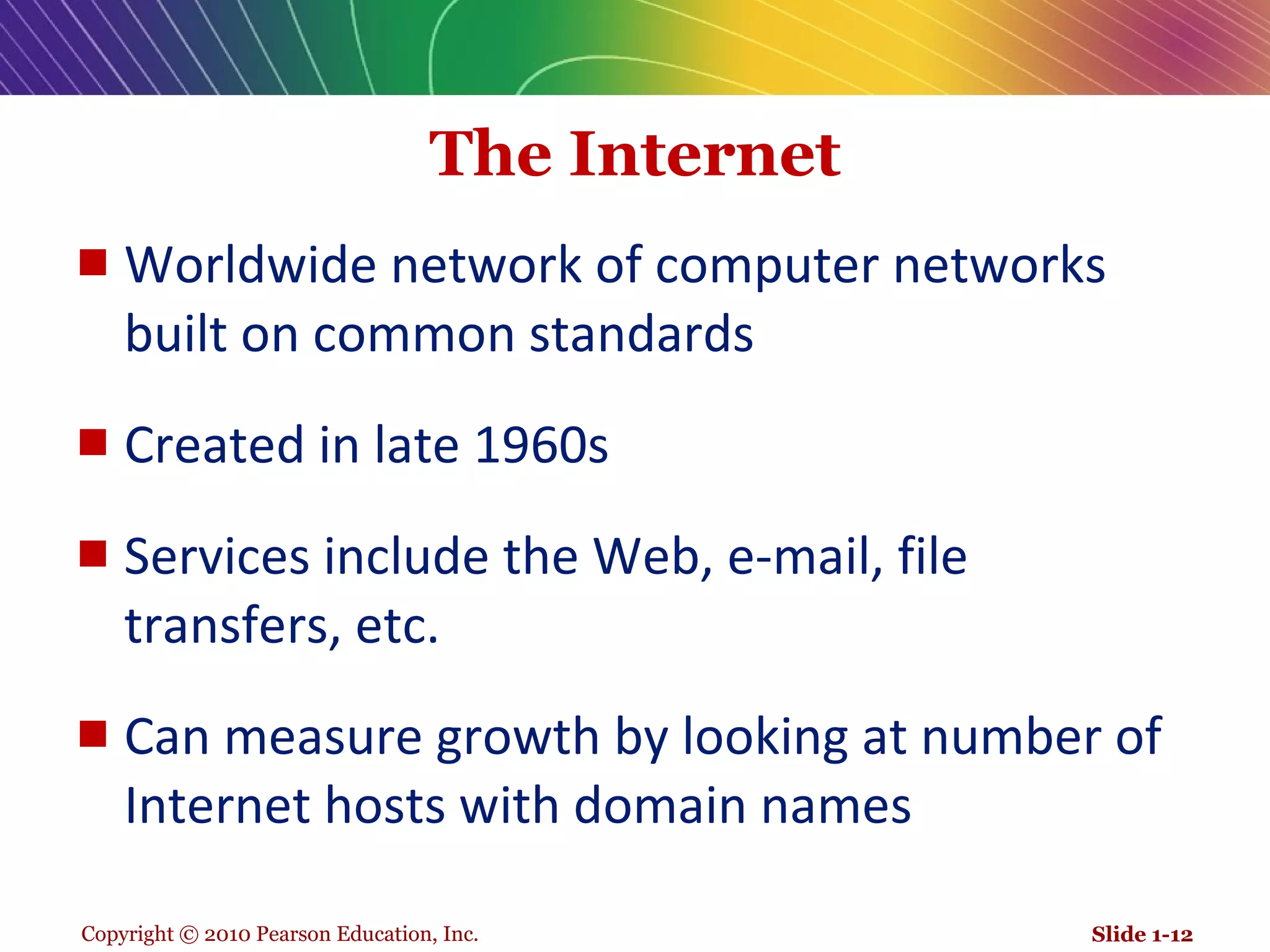 The Internet Worldwide network of computer networks built on common standards Created in late 1960s Services include the Web, e-mail, file transfers, etc. Can measure growth by looking at number of Internet hosts with domain names Slide 1- 