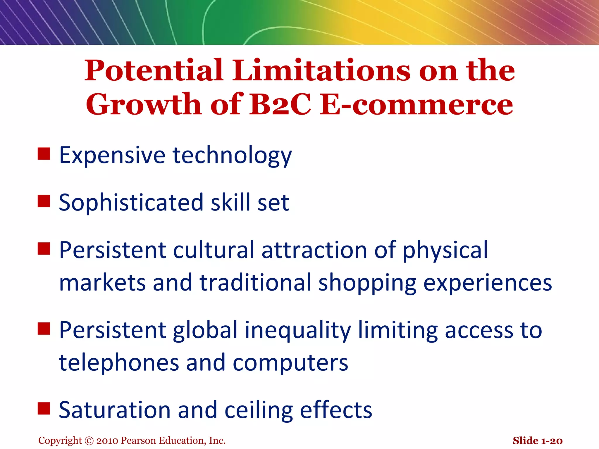 Potential Limitations on the Growth of B2C E-commerce Expensive technology  Sophisticated skill set  Persistent cultural attraction of physical markets and traditional shopping experiences Persistent global inequality limiting access to telephones and computers Saturation and ceiling effects Slide 1- 