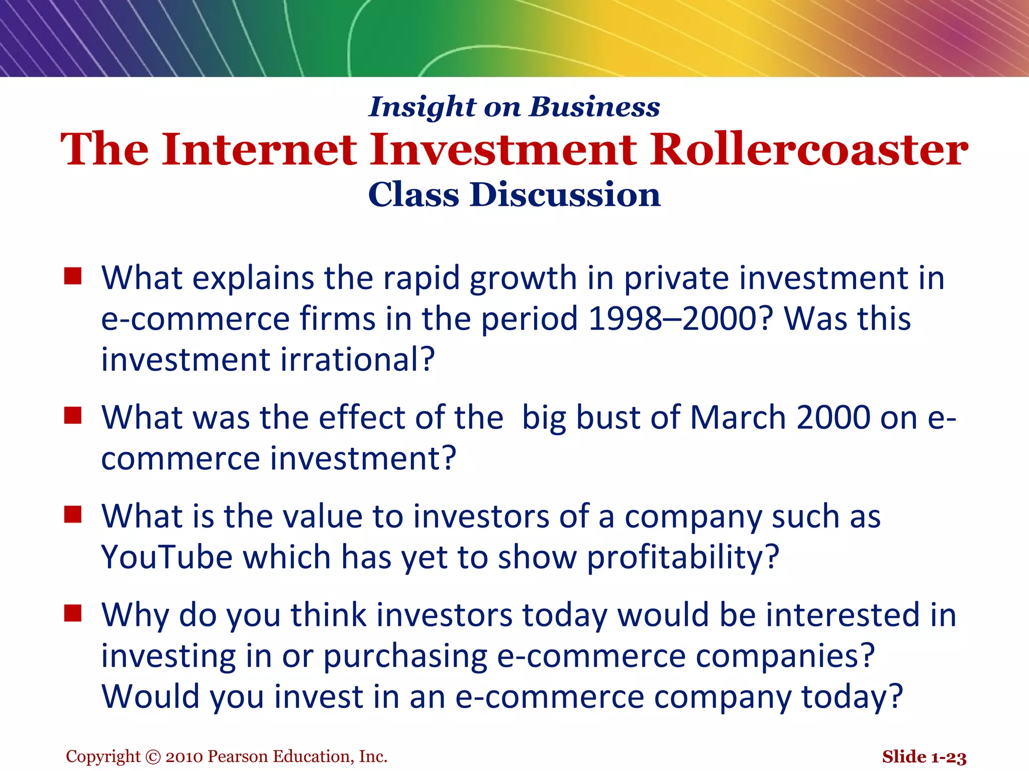 Insight on Business The Internet Investment Rollercoaster Class Discussion What explains the rapid growth in private investment in e-commerce firms in the period 1998 – 2000? Was this investment irrational? What was the effect of the  big bust of March 2000 on e-commerce investment? What is the value to investors of a company such as YouTube which has yet to show profitability? Why do you think investors today would be interested in investing in or purchasing e-commerce companies?  Would you invest in an e-commerce company today?  Slide 1- 