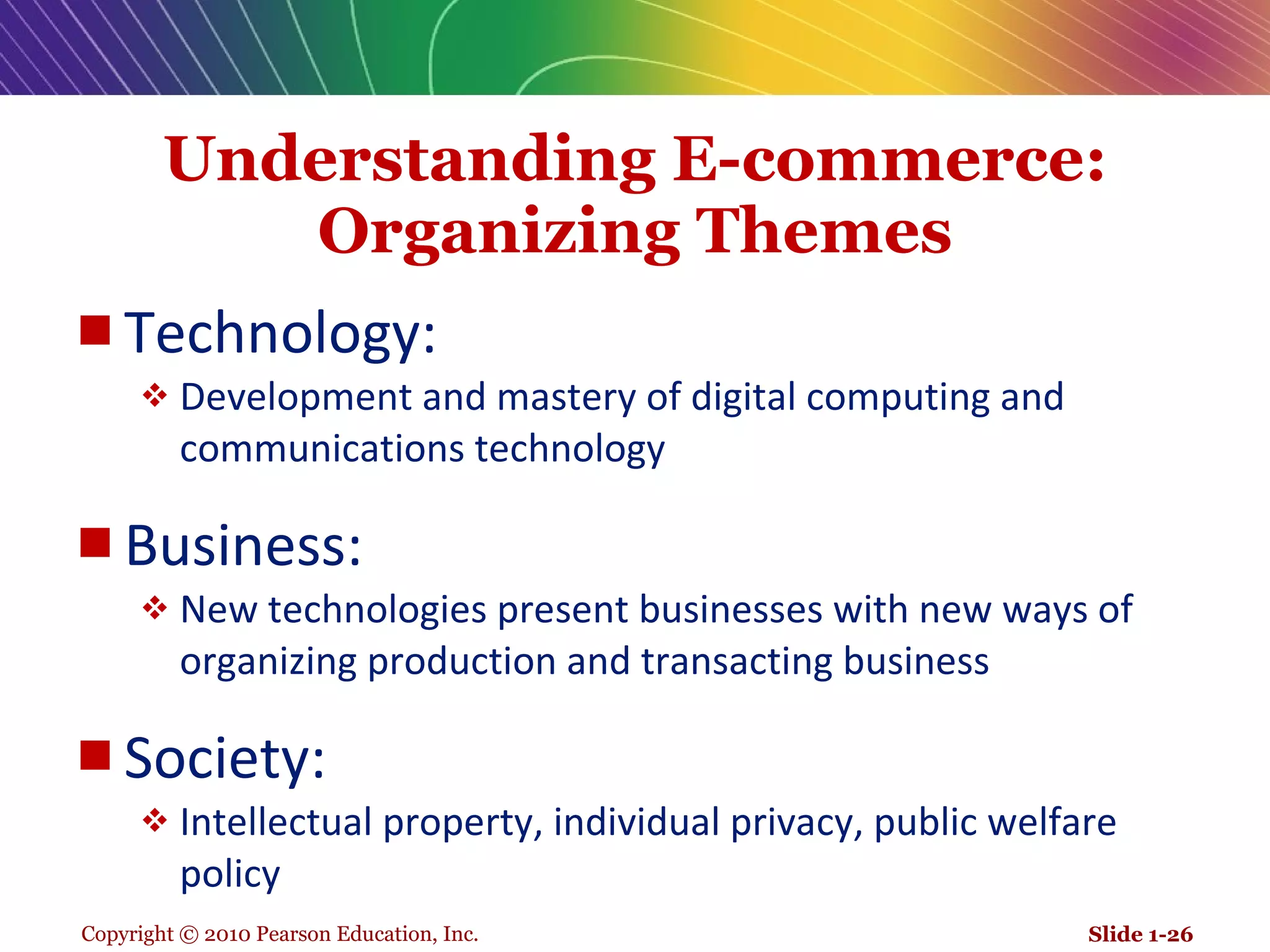 Understanding E-commerce: Organizing Themes Technology:  Development and mastery of digital computing and communications technology  Business:  New technologies present businesses with new ways of organizing production and transacting business Society:  Intellectual property, individual privacy, public welfare policy Slide 1- 