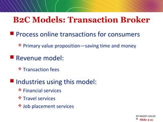 B2C Models: Transaction Broker
 Process online transactions for consumers
 Primary value proposition—saving time and money
 Revenue model:
 Transaction fees
 Industries using this model:
 Financial services
 Travel services
 Job placement services
Slide 2-21
BY:MADDY.KALEE
M
 