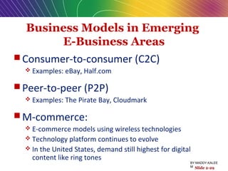 Business Models in Emerging
E-Business Areas
 Consumer-to-consumer (C2C)
 Examples: eBay, Half.com
 Peer-to-peer (P2P)
 Examples: The Pirate Bay, Cloudmark
 M-commerce:
 E-commerce models using wireless technologies
 Technology platform continues to evolve
 In the United States, demand still highest for digital
content like ring tones
Slide 2-29
BY:MADDY.KALEE
M
 